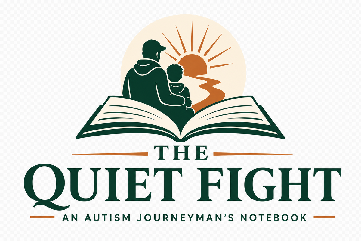 The Quiet Fight logo: a father and son overlooking a path from an open book